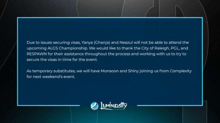 Luminosity Gaming pelataan Apex Legends Global Series: 2022 Championship kahdella varapelaajalla