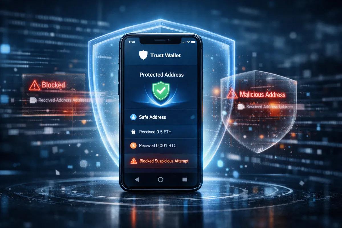 Uusi ominaisuus Trust Walletissa: Suojaa osoitteiden myrkyttämiseltä ja pölyttämishyökkäyksiltä.