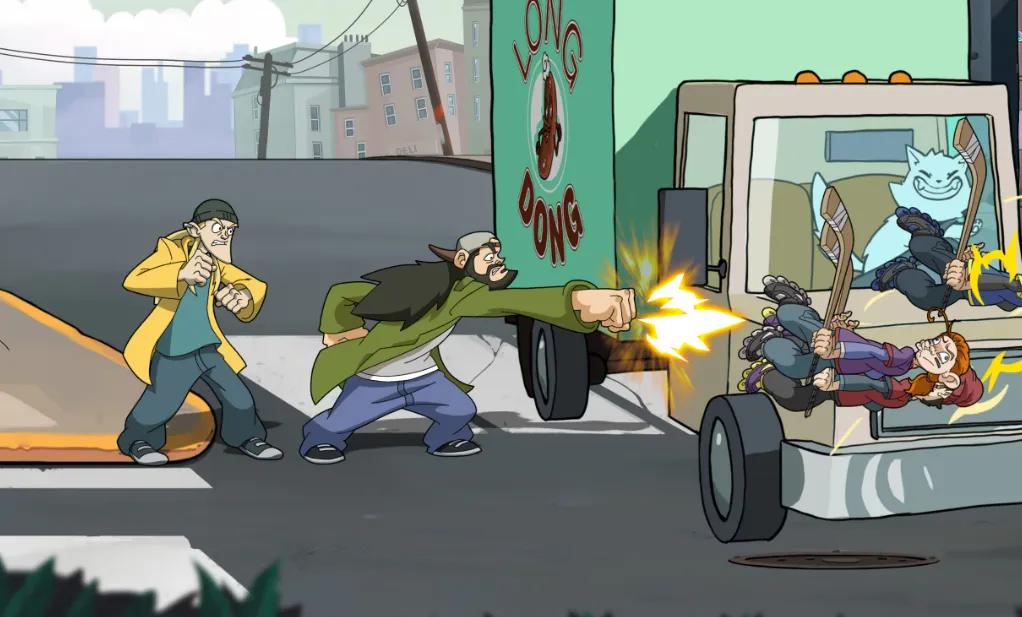 Jay ja Hiljainen Bob pujottavat tiensä näkymän poikki Askewniversessä 20.4.