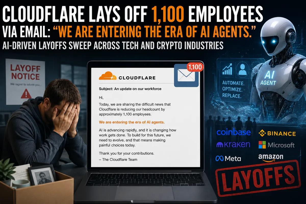 Cloudflare irtisanoo 1100 työntekijää sähköpostitse: "Olemme siirtymässä tekoälyagenttien aikakauteen." Tekoälystä johtuvat irtisanomiset leviävät teknologia- ja kryptoaloilla.