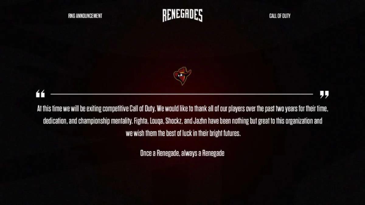 Renegades sulkee divisioonan kohdassa Call of Duty