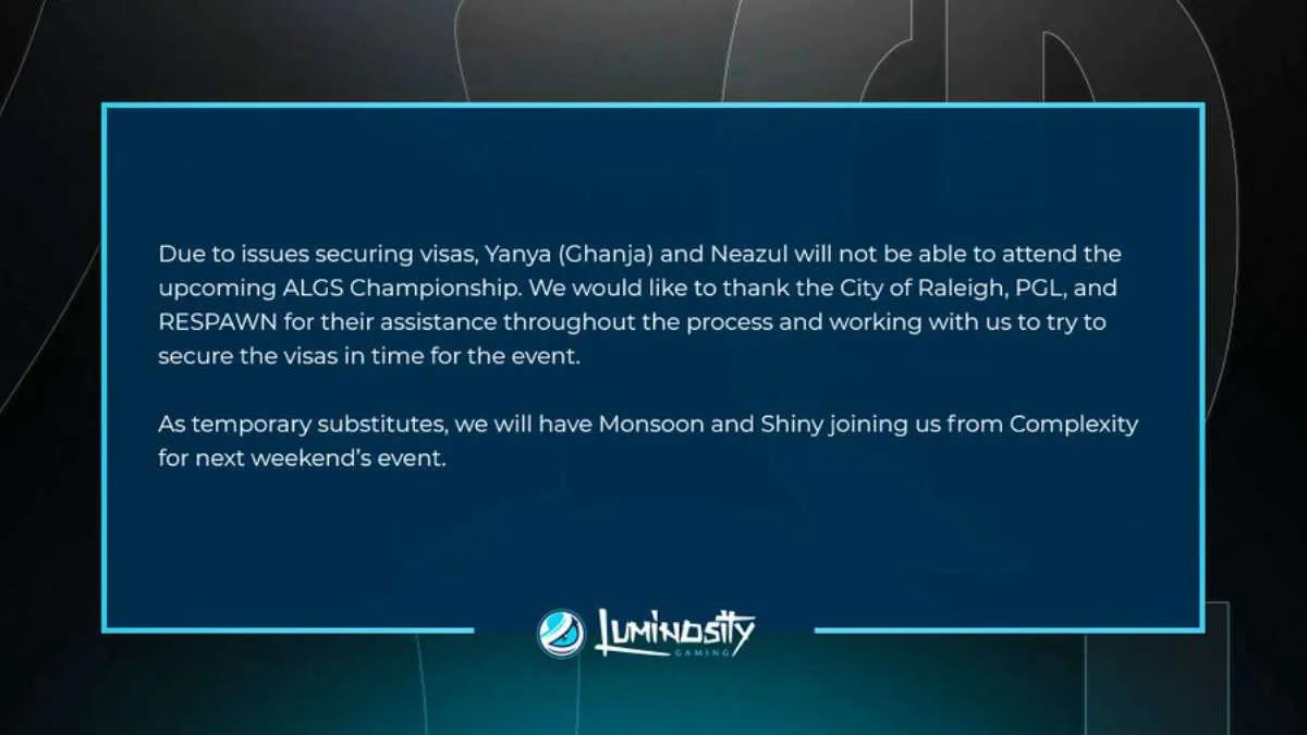 Luminosity Gaming pelataan Apex Legends Global Series: 2022 Championship kahdella varapelaajalla