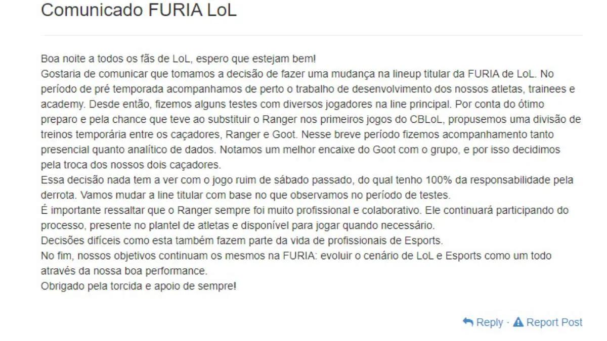 FURIA Esports teki muutoksia luetteloonsa League of Legends