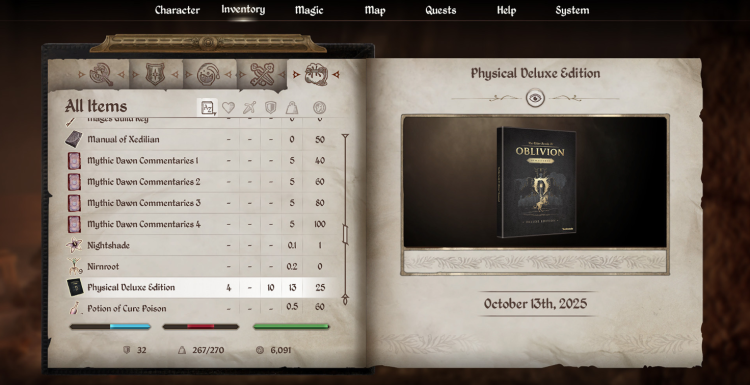 Oblivion Remastered Physical Deluxe Edition julkaistaan 13. lokakuuta hintaan 40 dollaria.